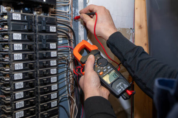 Home inspector testing home circuit breaker.